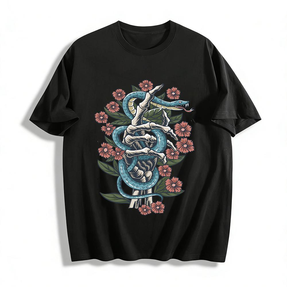 Vintage Skeleton Hand Blue Snake Floral Print Trendy Casual T-Shirt Pure cotton T-shirt XXS