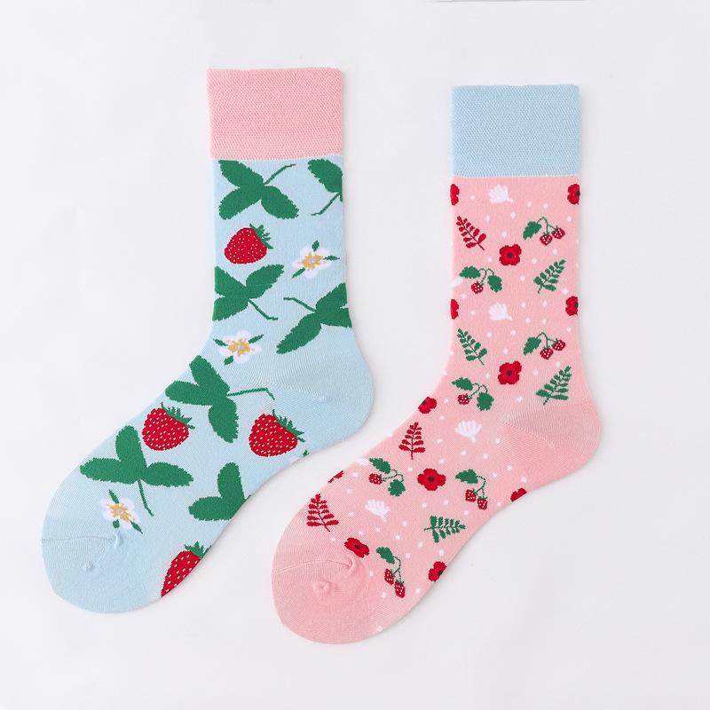 Personalized Cartoon AB Mismatched Socks Fashion Crew Couple Cotton Socks Women's Fancy Flower Fruit Tiger Print Funny Socks