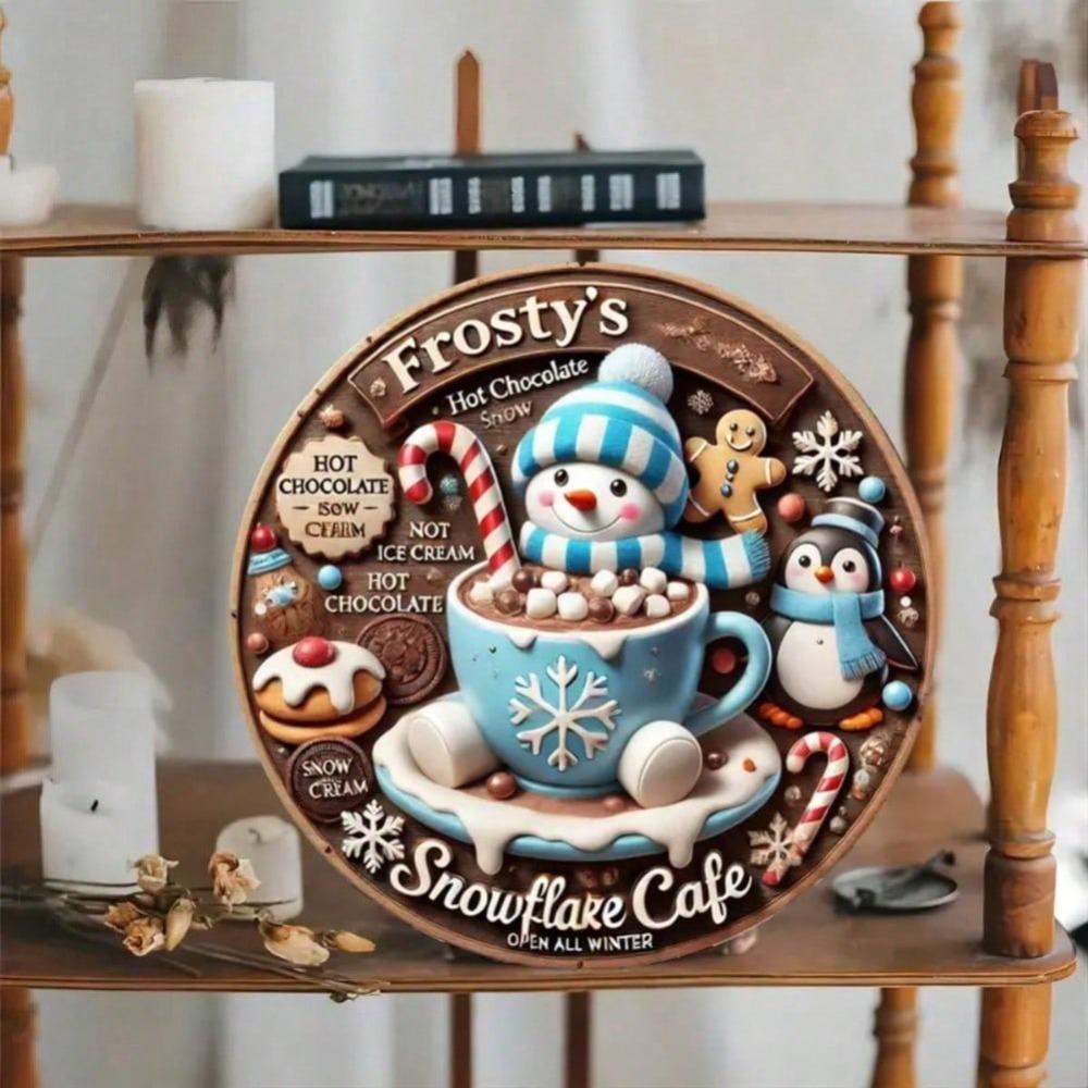 Winter Joy Cafe Metal Wall Art Frosty Snowflake Round Sign Home Decor Gift