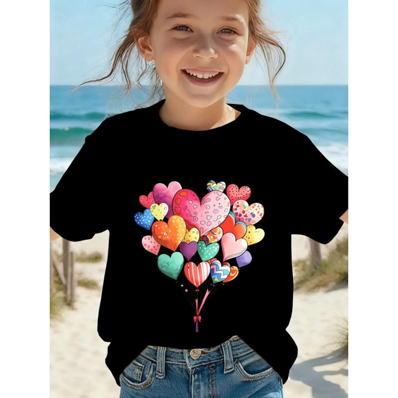 European Sizes New Children's Super Cute Girls' Fun Cartoon Heart Balloon T-Shirt, Round Neck Patchwork Short Sleeve Top