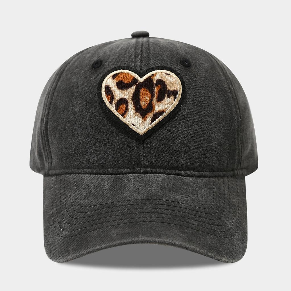 Vintage Leopard Heart Embroidered Cotton Baseball Cap For Women