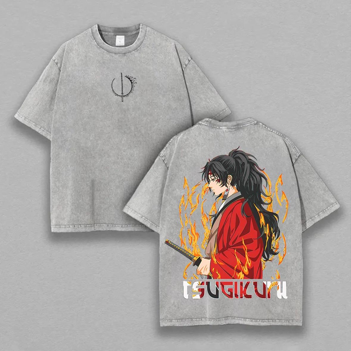 

Harajuku Demon Slayer Graphic T-shirt Anime Yoriichi Washed Cotton Soft T Shirt Men Women Clothing Oversized Short Sleeve Tees XS серый