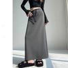 Women's Gray High Waist A-line Midi Skirt - Autumn Sporty Style with Straight Slit and Draping
