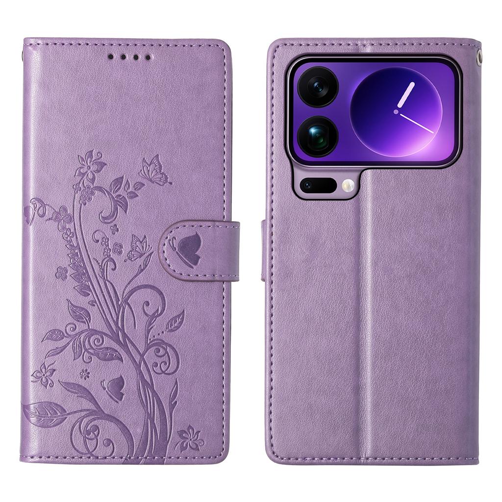 For Xiaomi 17 Pro Max Wallet Case Butterfly Floral Imprint PU Leather Phone Cover with Wrist Strap