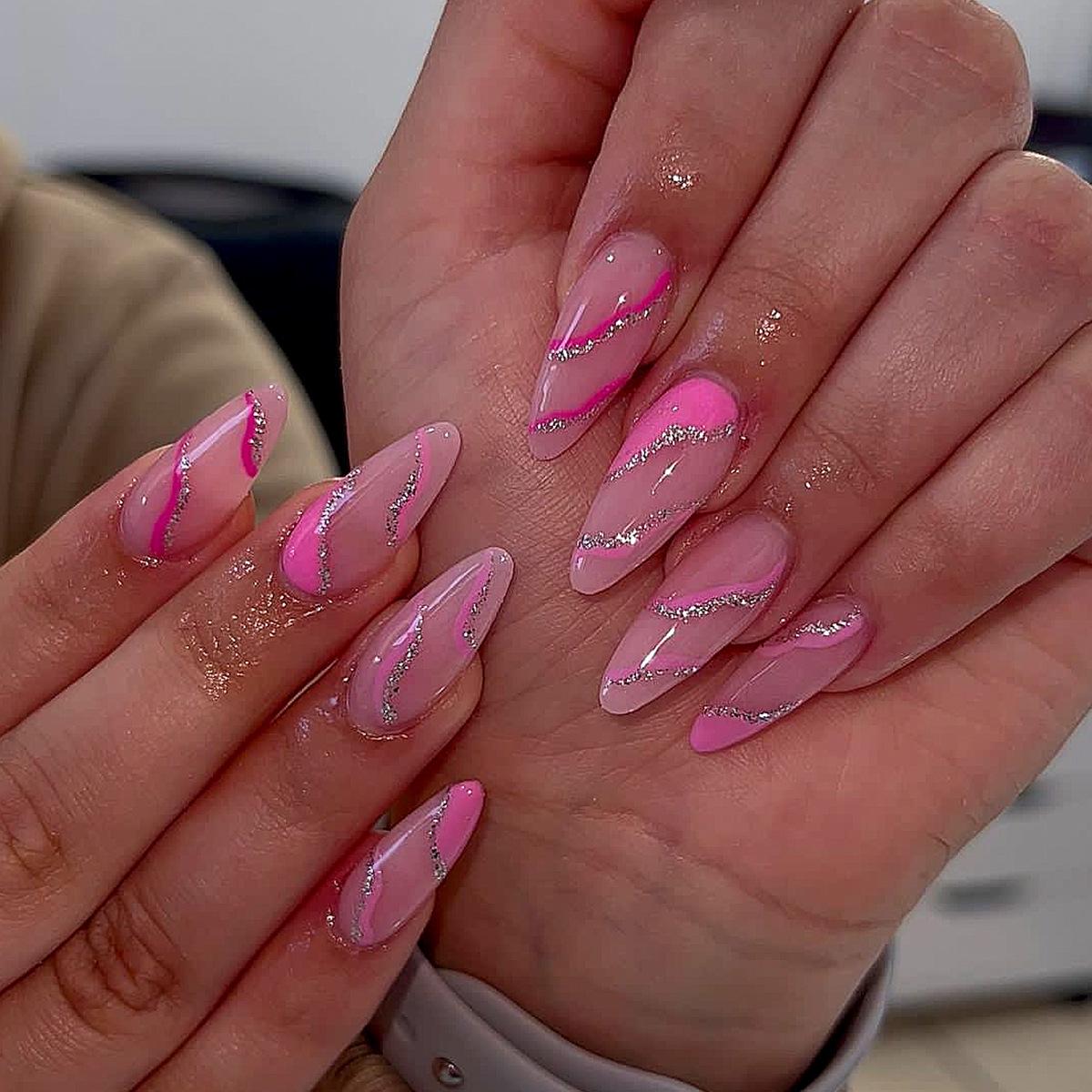 

Exclusive Pink Almond Glitter Wavy Line Nail Patches – Stylish Fake Nails