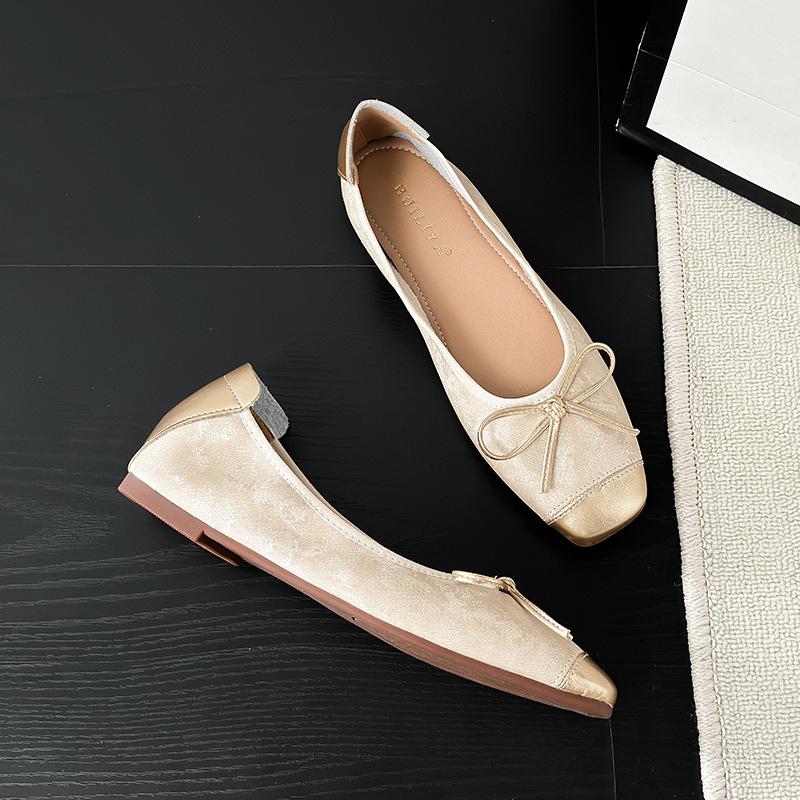 

E624-10 Французский темперамент бант Мэри Джейн одинарная обувь 2025 лето новая мода плоская повседневная обувь женщины 40 абрикосовый