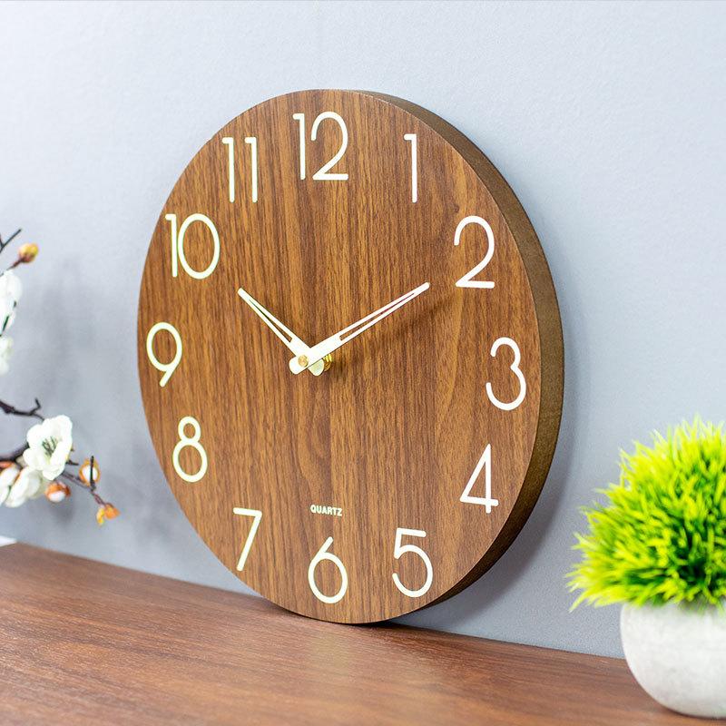 Luminous wooden wall clock, silent  wood grain, creative and light luxury style, living room simple quartz clock, 30cm