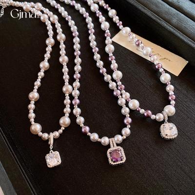 Collier chaîne clavicule perle zircon violet français tempérament élégant polyvalent