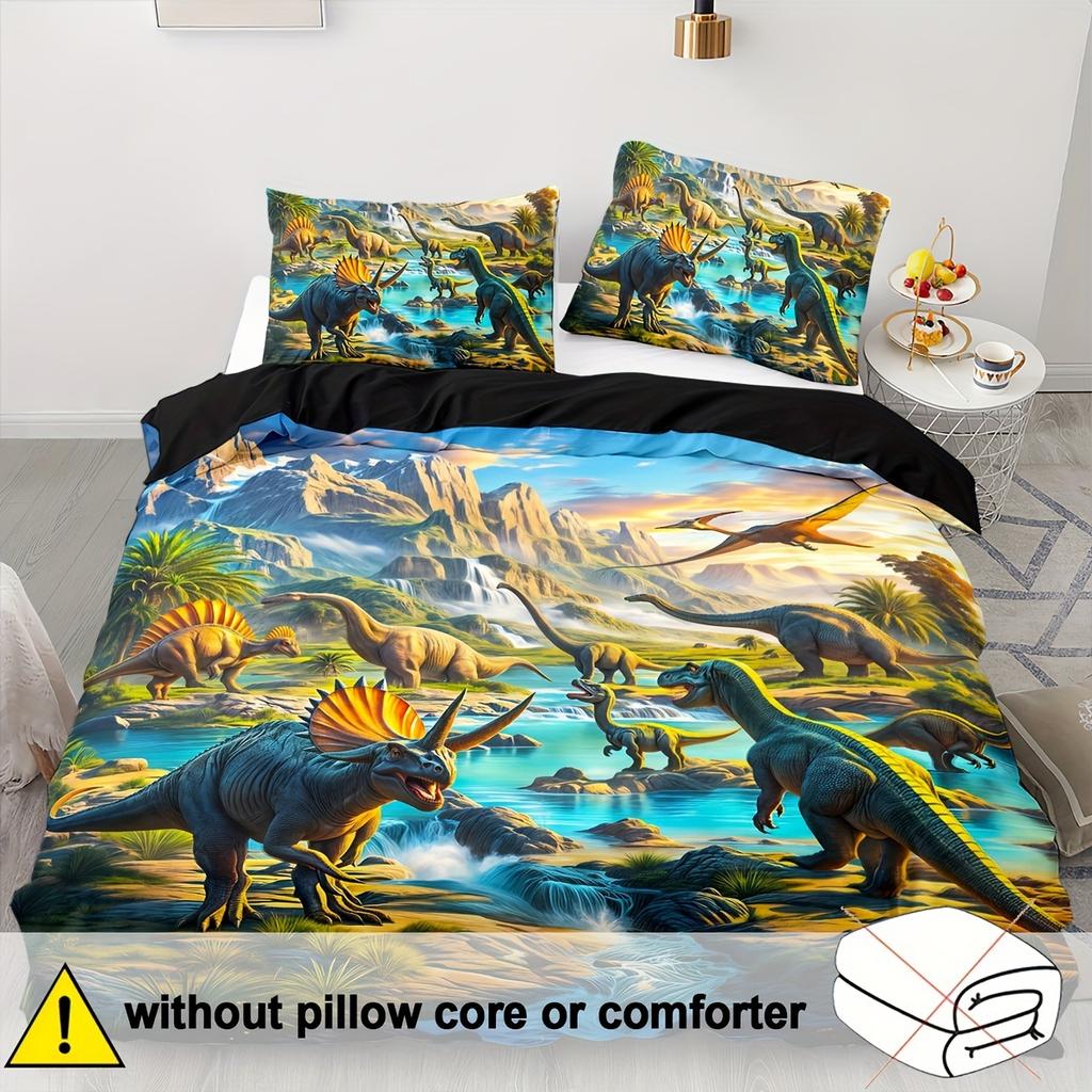 3D Dinosaur Print Duvet Cover Set Zipper Closure-100% Polyester Breathable Bedding Set All-Season Animal Theme Bedroom Decor