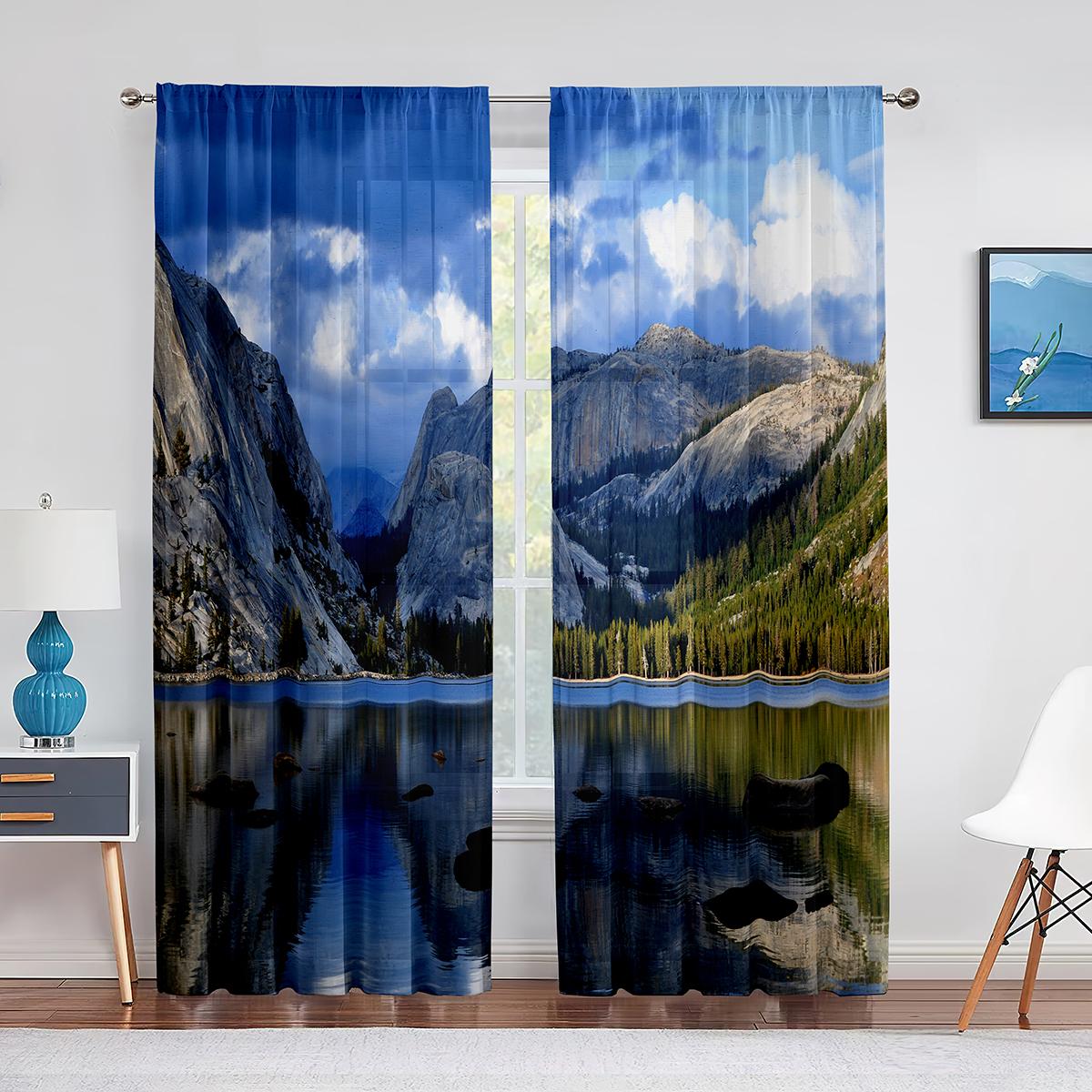 

Тюлевые шторы с природным пейзажем, водопадом, озером, горами, восходом солнца, прозрачная вуаль, занавеска для гостиной, кухни, спальни, украшение 1 PCS W100XH250cm&Grommet Top