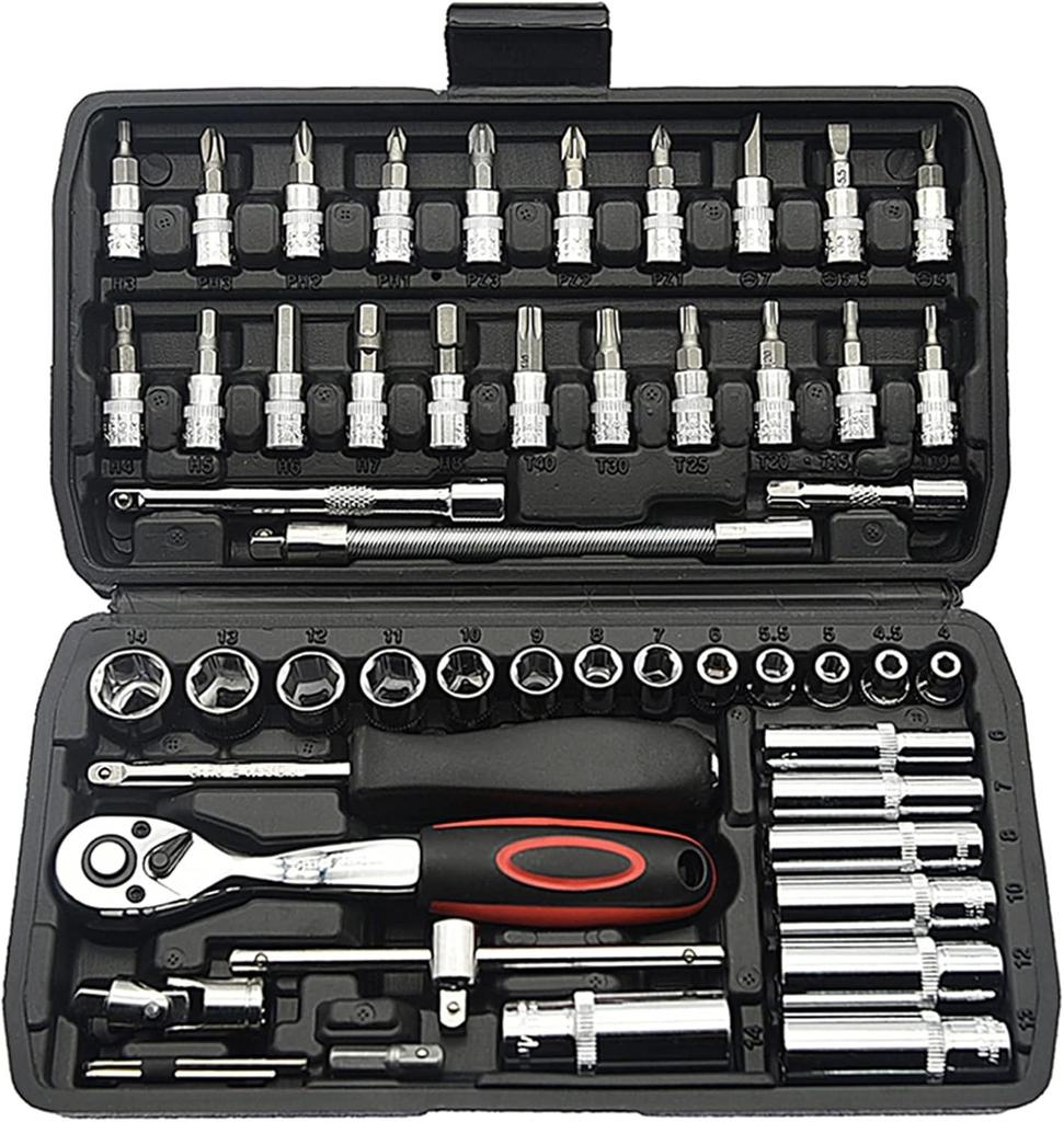 46PCS 1/4 Inch Drive Socket Set,Metric Ratchet Wrench Set with 4-14mm CR-V Sockets, Mechanic Tool Kits for Household Auto Repair