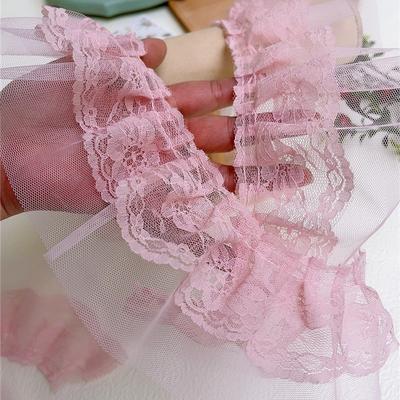 Tecido de Renda Tule Bordado Plissado Dupla Camada Rosa Larga 8cm DIY Roupas Femininas e Decoração de Costura de Roupas Infantis
