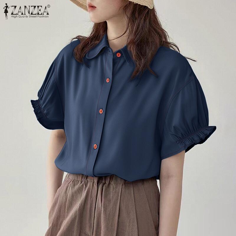 ZANZEA Womens Summer Puff Short Sleeve Casual Button Blouse