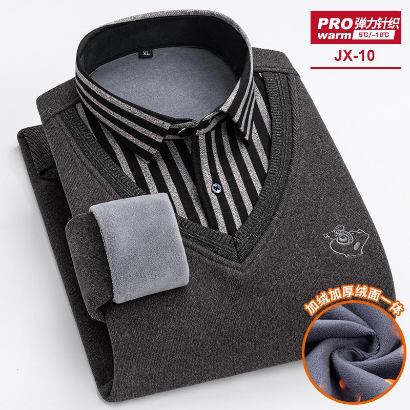 2026 nieuw heren fleece verdikt shirt herfst en winter hoge kwaliteit nep twee business casual warm slim fit mode zonder strijken