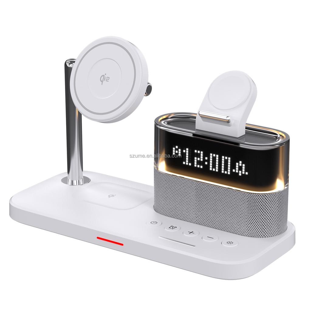 New Desk Stand Magnetic Wireless Charger Fast Wireless Charging 15W Output Type-C Port LED Colorful Lights Digital Display Clock