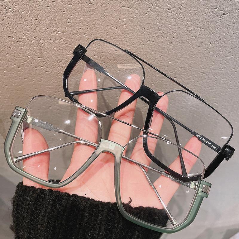 Retro Oversized Square Semi-Metal Transparent Glasses Frame For Women Anti-Blu-Ray Double Bridges Glasses Woman Optical