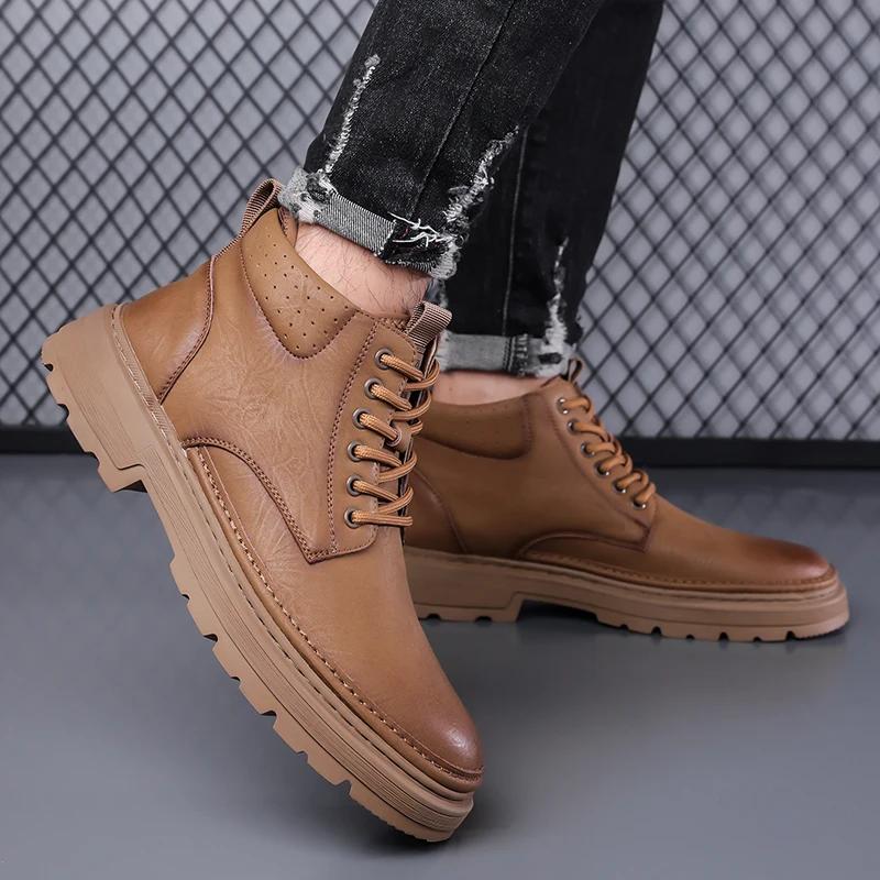 New Men's Boots High Top Leather Shoes Genuine Leather Breathable High Quality Casual Shoes Retro Fashion Lace Up Work Men Shoes
