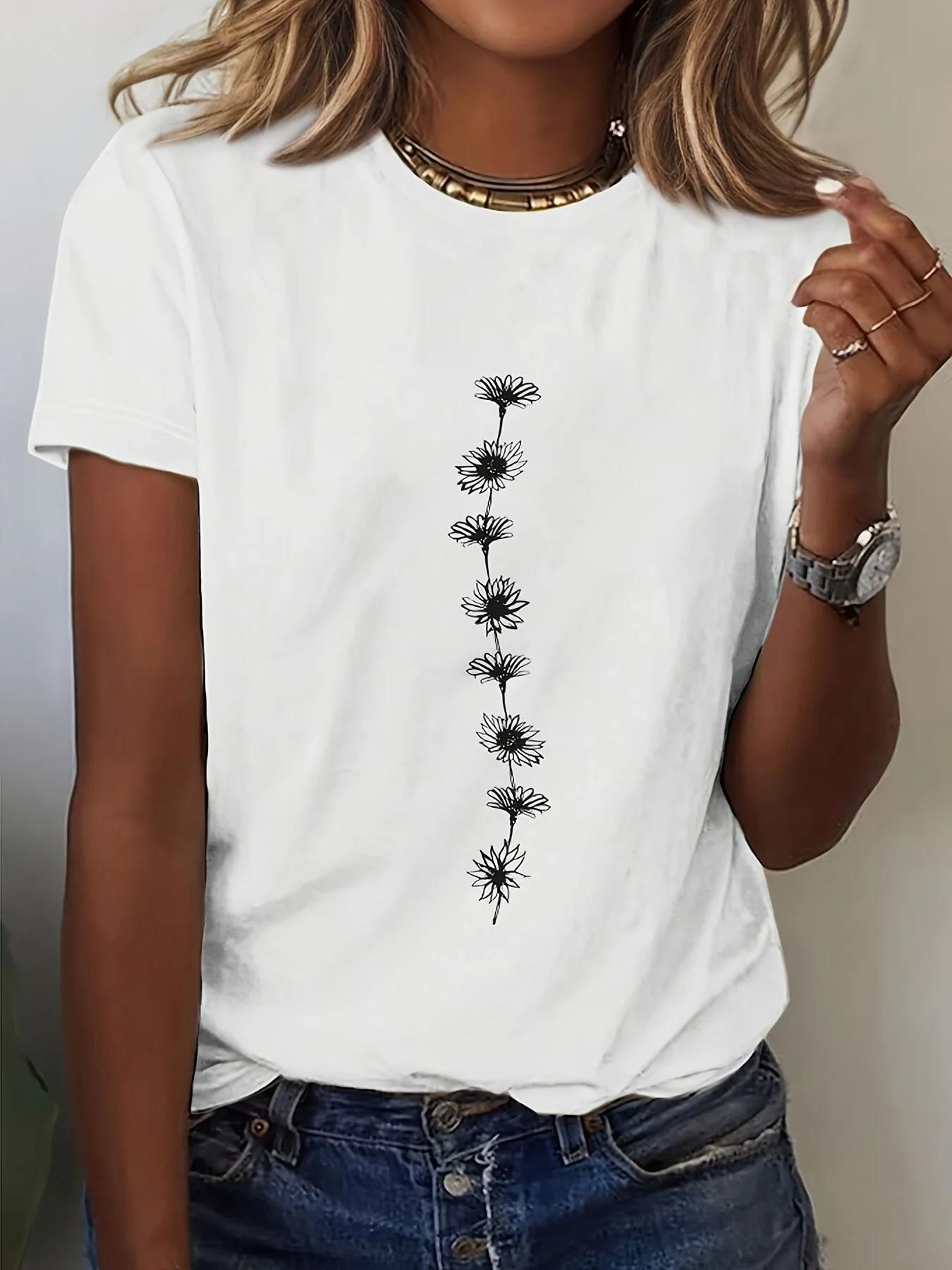 Womens Cute Printed Tshirt Simple Small Floral Pattern Tops Summer Comfortable Tops Crew Neck Short Sleeve TShirt S
