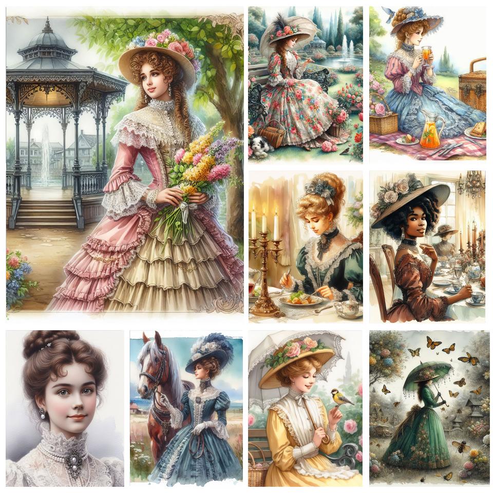 Elegant Vakkert Jente Diamantmaleri, Full Diamantmosaikk Ny 2024 Europeisk Landskap Korsstingsett Diamantbroderi