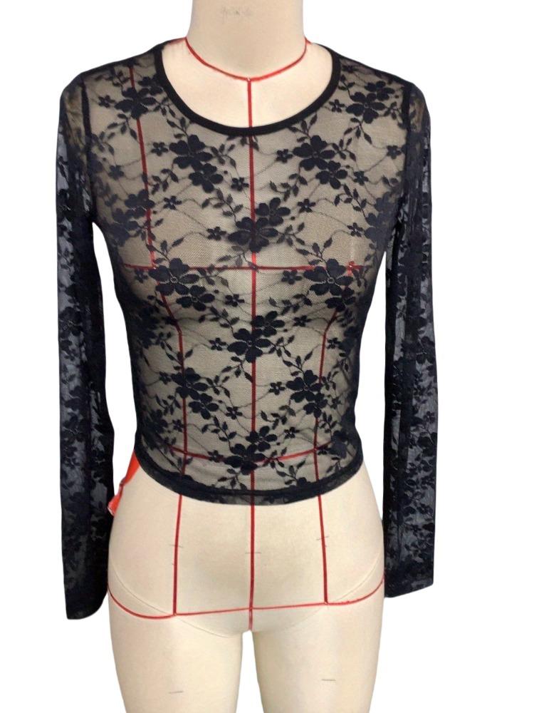Spring Women's Solid Color Lace Transparent Round Neck Long Sleeve T-Shirt Tops Women Versatile Closet Essential Fashion Items Shirt