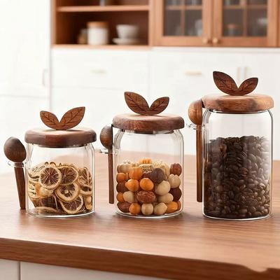 Home Kitchen Transparent Glass Sealed Jar With Spoon Leaf Wooden Lid Coffee Bean Moisture Proof Spice Storage Container