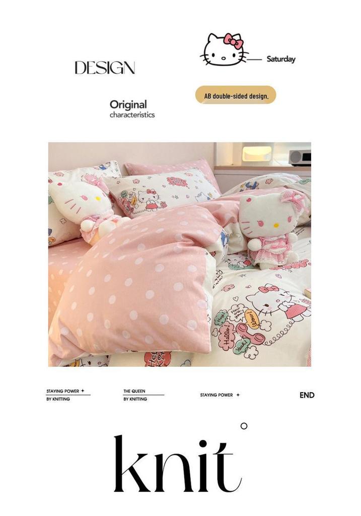 Hello Kitty All-Cotton Cute Cartoon Girl Fitted Sheet & Duvet Set - 4-Pc Dorm Style