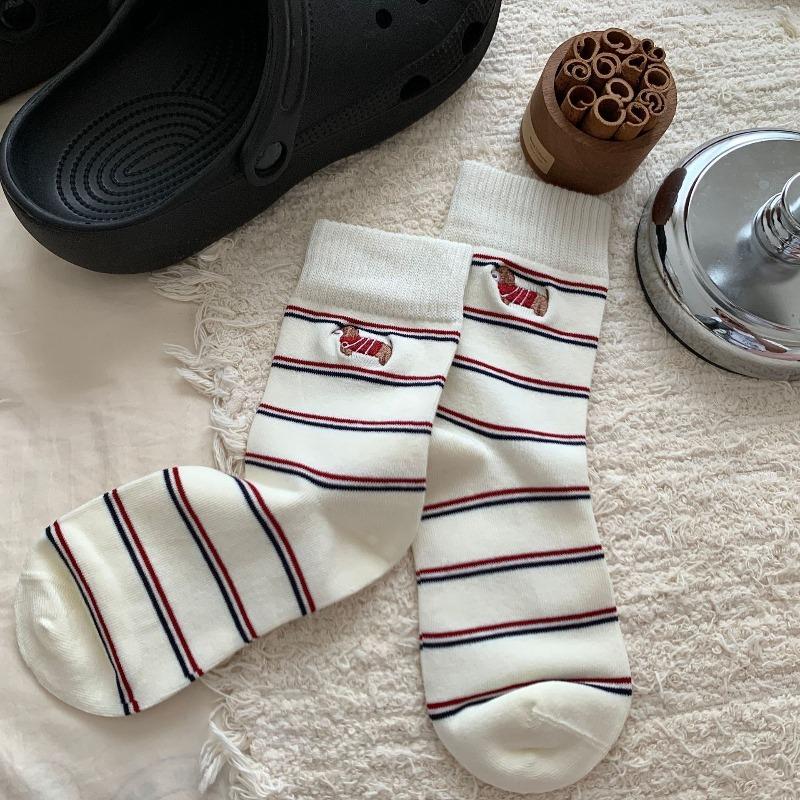 

Женские осенние новинки, носки из хлопка с вышивкой в горошек и полоску, милый пес-такса в трубе, сочетание цветов 1 pair красный/синий