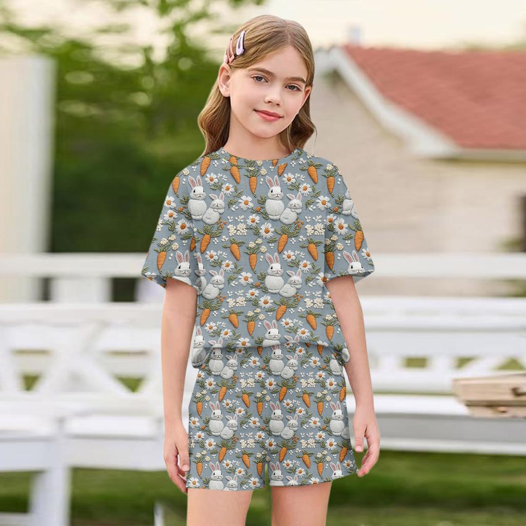 Kid Patriotic Outfit - Short Sleeve & Shorts 2-Piece Set For Girl Easter Day