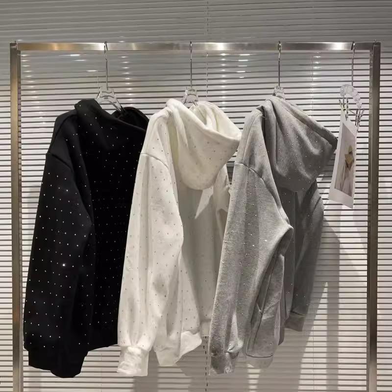 Plus-Size Rhinestone Starry Hooded Pullover for Women - Loose Fit, Extra Large 