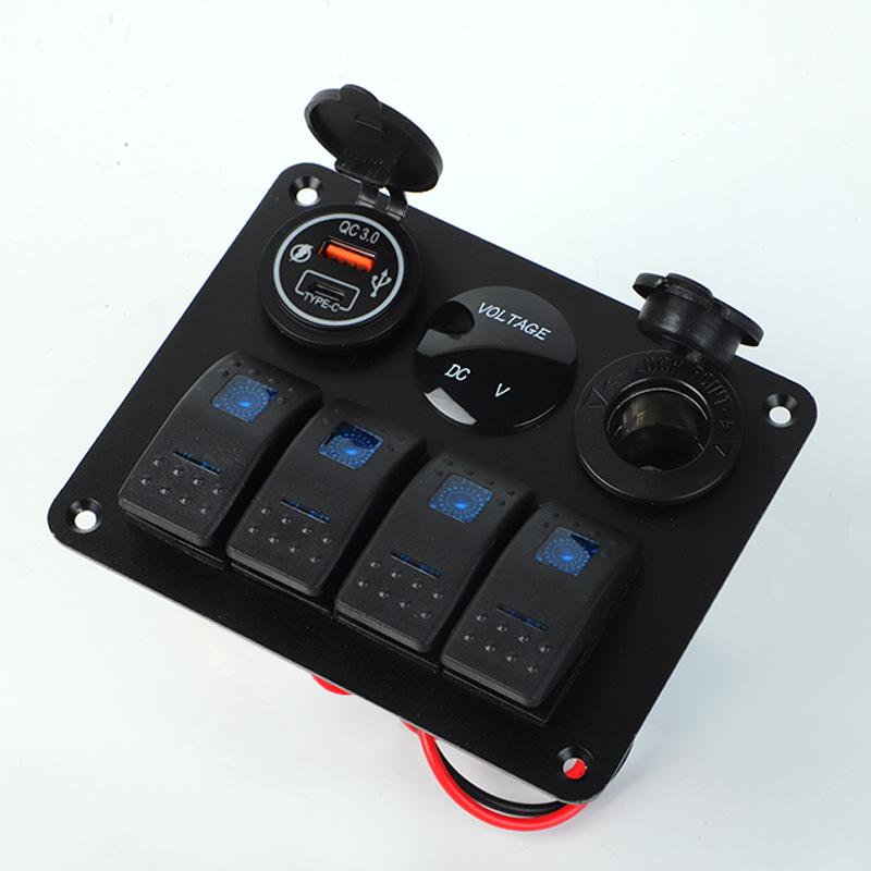 Four-Position Boat Panel with Voltmeter, USB Charger, Cigarette Lighter, LED Display, and Rocker Switch.