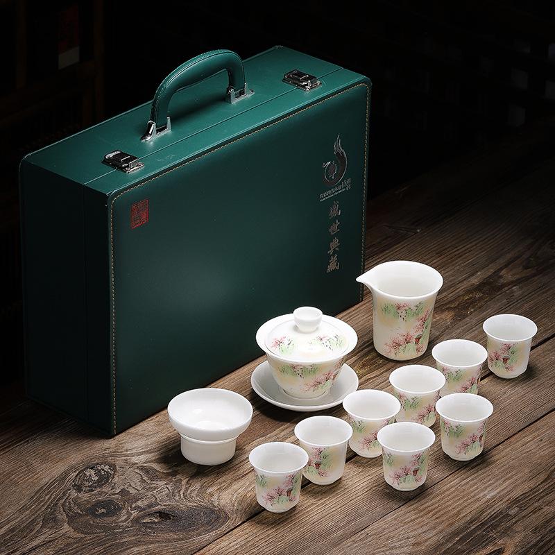 High-value set of ceramic ice suet jade porcelain kung fu tea set for home use, high-end business gifts