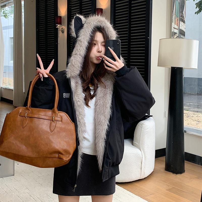Korean lamb wool coat women's autumn and winter velvet thickened cotton-padded clothes on both sides, winter cotton-padded jacket hooded thick cotton-