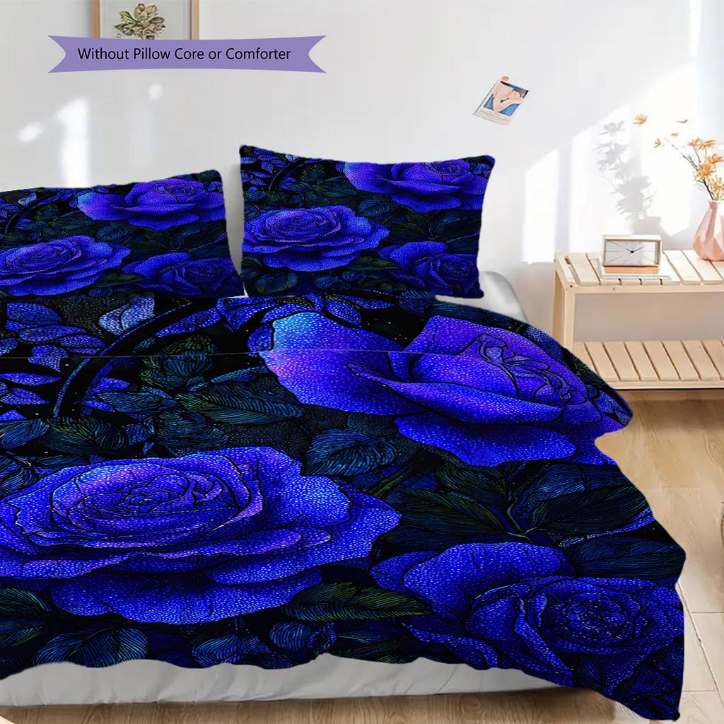 Blue Rose Pattern Bedding Quilt Set Quilt Cover Pillowcase Home Decoration Birthday Gift (1 * Duvet Cover + 2 * Pillowcase, Without Core)