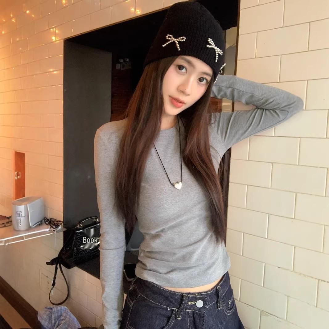 

Women s Slimming Gray Long Sleeve Crop Top - Spring 2026 Flattering Niche American Style Extra Large темно-серого