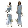 Olrain Blue French Style Waist-Slimming Dress for Women Summer Puff Sleeve Long Dress