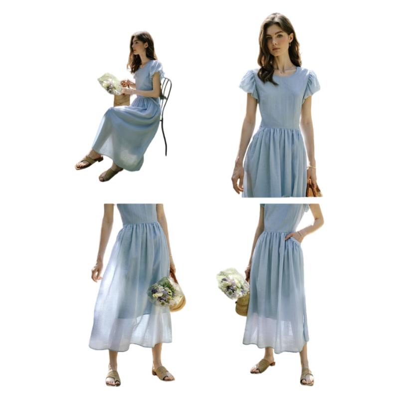 Olrain Blue French Style Waist-Slimming Dress for Women Summer Puff Sleeve Long Dress