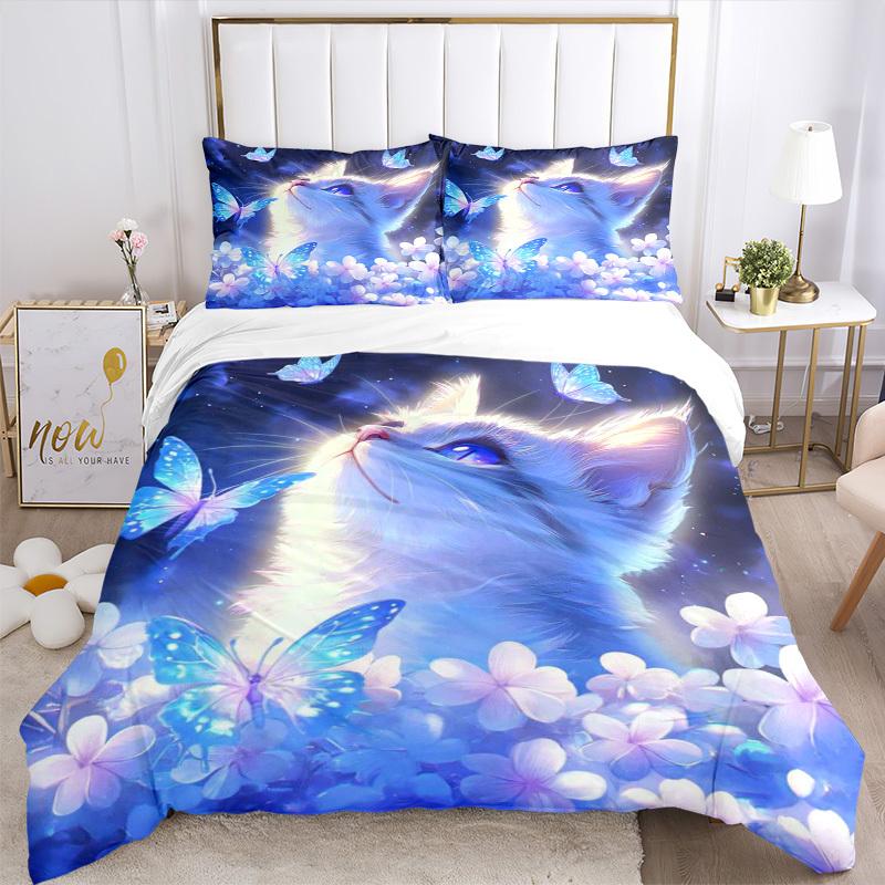 3pcs Anime Cat Butterfly Floral Bedding Set - Includes One Quilt Cover and Two Pillowcases (No Core) - Home Decor, Festival Gift, Polyester