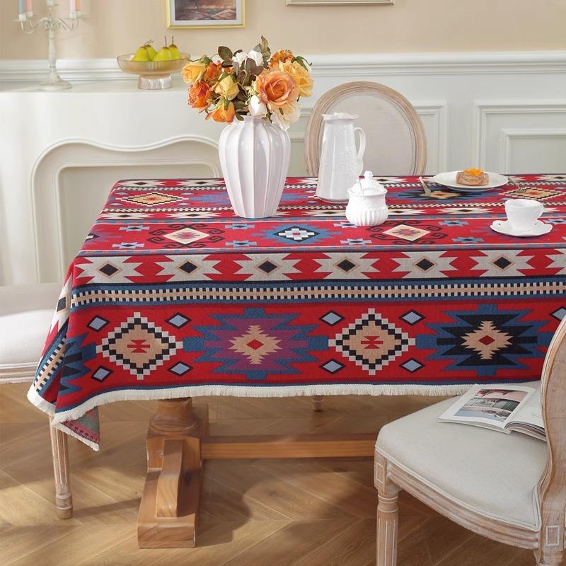 Bohemian Geometric Pattern Tablecloth Cotton Linen Rectangular Dining Table Cover Tea Table Runner
