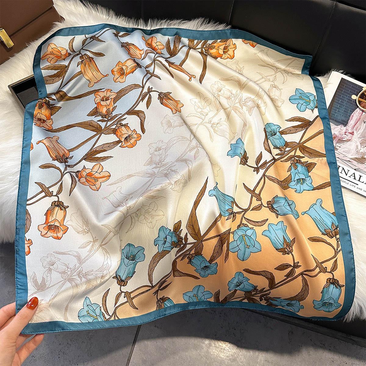 

New Elegant Floral Print Silk Scarf for Women Designer Square Hijab Bandana Shawl Spring Summer Luxury 70x70cm