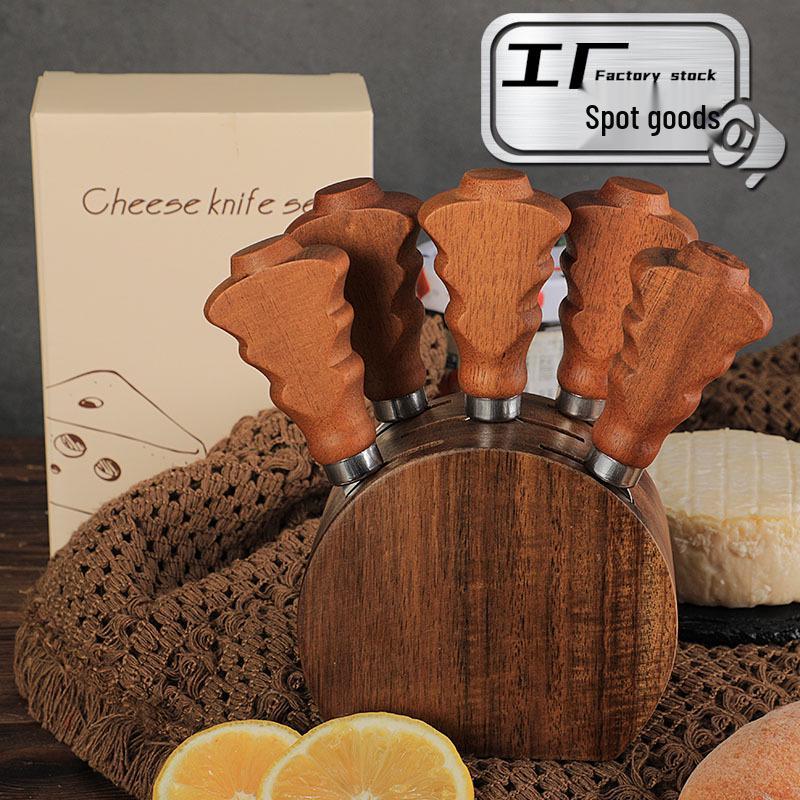 Akazienholz Weihnachtsbaum Käsemesser & Gabel Set mit Holzsockel - 6-teiliges Set