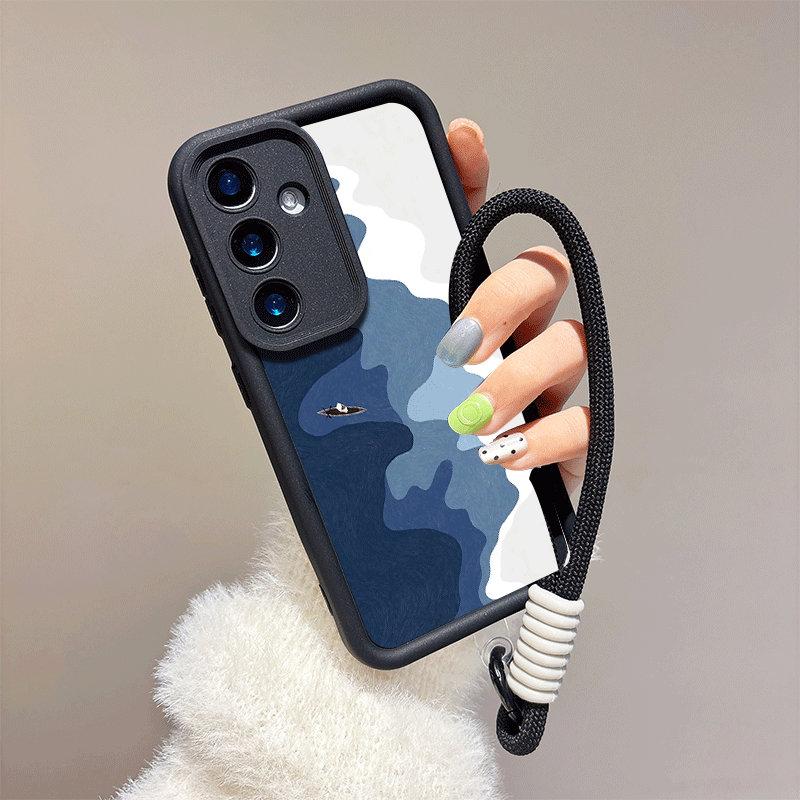 Bedruckte Modehülle mit Ozeanmuster + Schwarzes Schlüsselband Flexible Weiche Silikon TPU Schale Vollständige Rückseite für IPhone Samsung Xiaomi Redmi