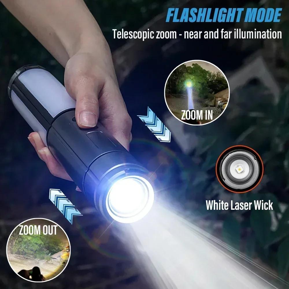 2 in 1 LED Camping Light High Bright Flashlight USB Rechargeable Zoom with Hook Outdoor Emergency Camping Lamp Stand Base