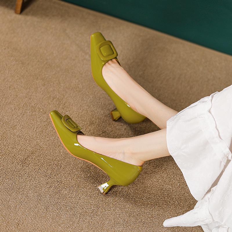High Heels Women's Thin Heels 2025 New Red Wedding Shoes Patent Leather Gentle Shoes Square Buckle French Niche Square Head Single Shoes