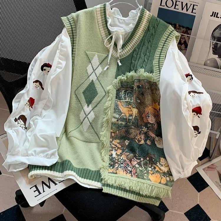 2025 Girls' Knitted Vest & Shirt Two-Piece Set - Stylish Spring/Autumn Fashion