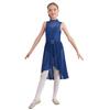 Girls Rhinestone Lyrical Modern Dance Dress Sleeveless Back Hollow High Low Hem Built In Briefs Dance Leotard Dress for Kids
