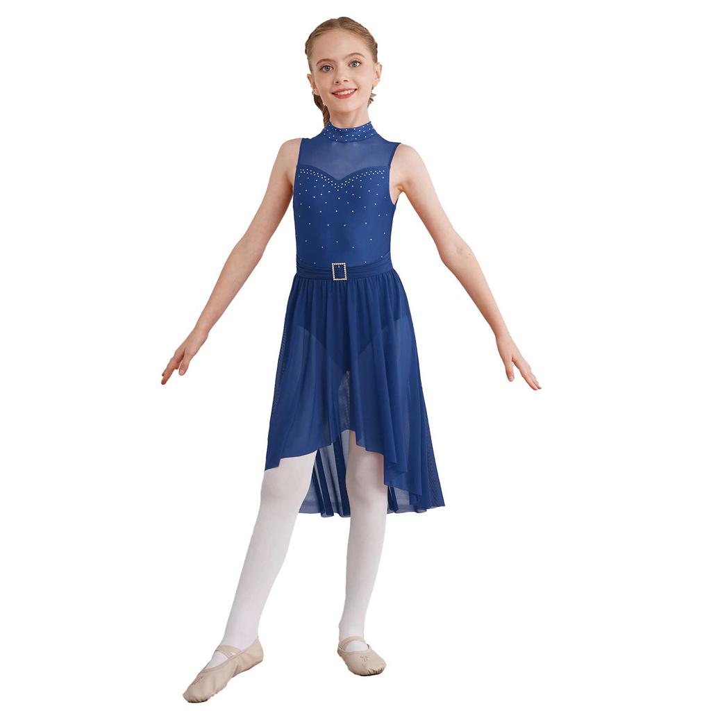 Girls Rhinestone Lyrical Modern Dance Dress Sleeveless Back Hollow High Low Hem Built In Briefs Dance Leotard Dress for Kids