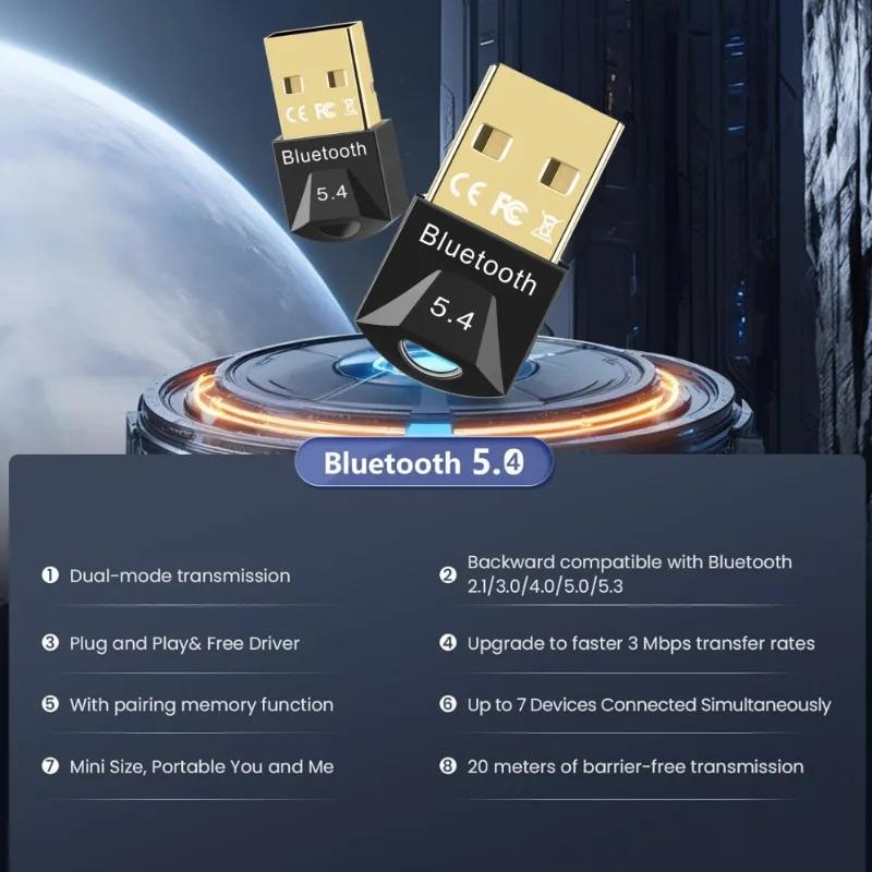 USB Bluetooth Adapter for Pc Usb Bluetooth 5.4/ 5.3/ 5.1/ 5.0 Dongle Receiver for Speaker Mouse Keyboard Music Audio Transmitter