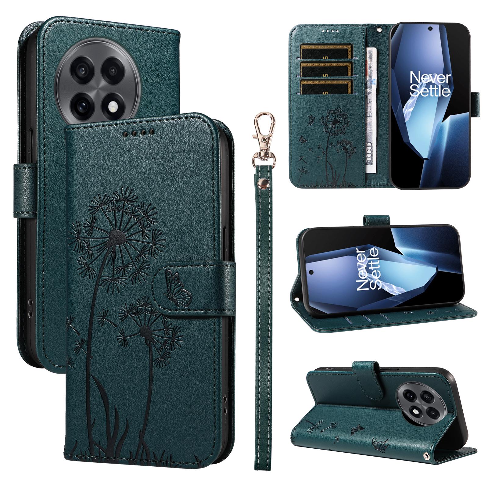 

For OnePlus 13R 5G/Ace 5 5G/5 Pro 5G Leather Wallet Case with Strap Dandelion Imprint Phone Stand Cover Blue