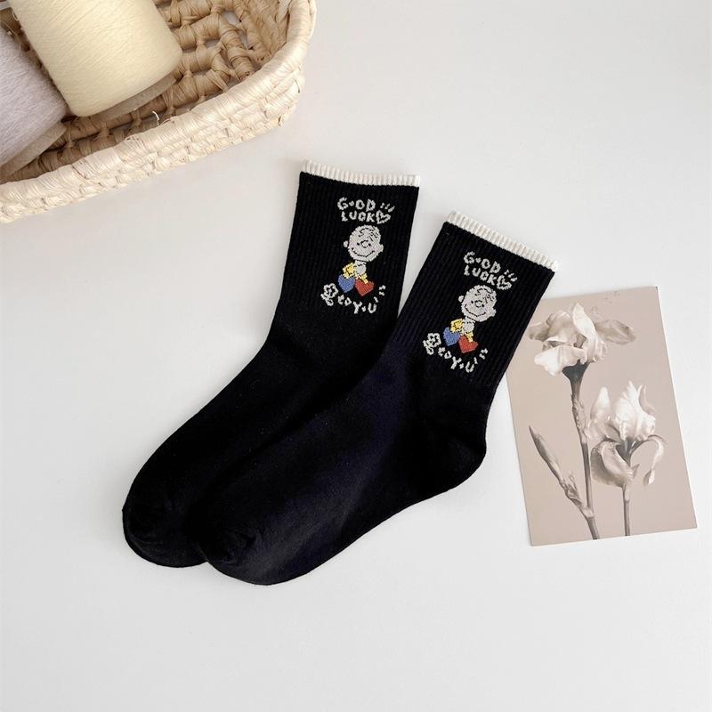 Cartoon Puppy Mid-calf Socks for Women with Contrasting Color Edges, Men and Women Wear Pure Cotton Retro Trendy Socks