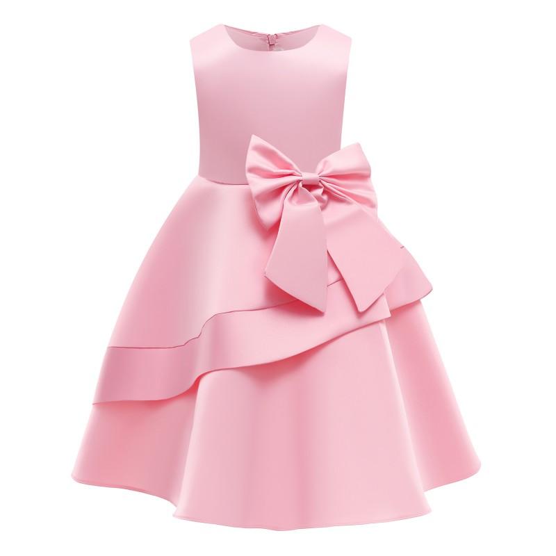 Girls Princess Dress Red Solid Color Sleeveless Mid-Length Party Kids